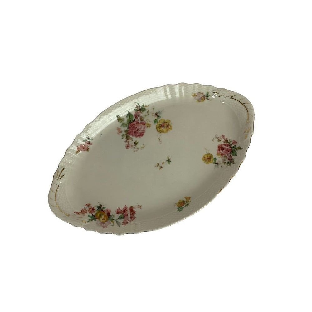 Epiag Czechoslovakia 12" Oval Serving Relish Tray Yellow Pink Roses Gold Trim